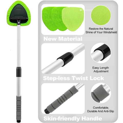 XINDELL 29-inch windshield cleaning tool with 4 green microfiber pads and adjustable aluminum handle