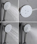Exposed Shower System with Waterfall Tub Spout Rainfall Shower Set Black, handheld showerhead with multiple spray patterns.