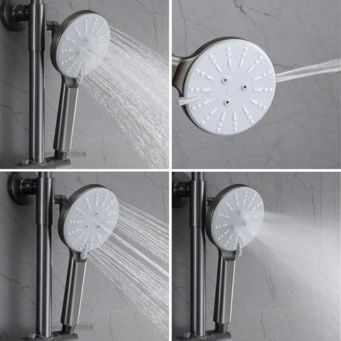 Exposed Shower System with Waterfall Tub Spout Rainfall Shower Set Black, handheld showerhead with multiple spray patterns.