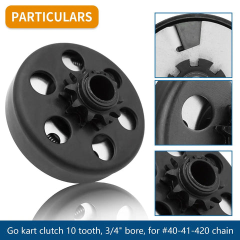 Centrifugal Clutch For Go Karts And Mini Bikes Three Quarter Bore 10 Tooth With 40 41 420 Chain close-up and side view