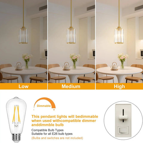 Top Shelf Modern Gold Pendant Lights 2 Pack Adjustable Crystal Chandelier Kitchen Island Fixture at low, medium, and high brightness settings.