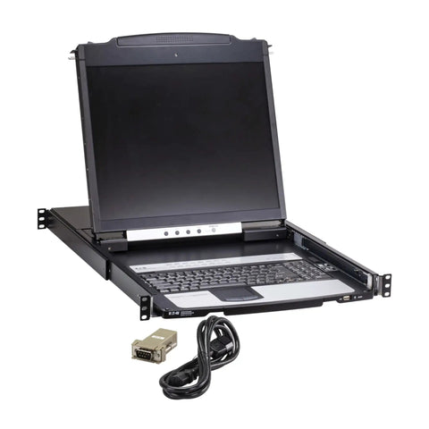 Slick 16 Port Rack Mount Kvm Over Ip Switch With Built In Lcd Screen, keyboard and cable for server management.