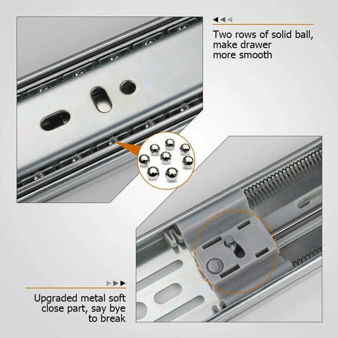 Heavy Duty Soft Close Drawer Slides 22 Inch Pair showing rows of ball bearings and upgraded metal soft close components.