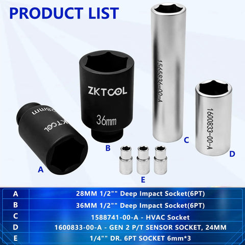 Knockout Quality AC Pressure And Temperature Sensor Socket Tool Kit For Tesla Model 3 Y S X with 28mm and 36mm deep impact sockets.
