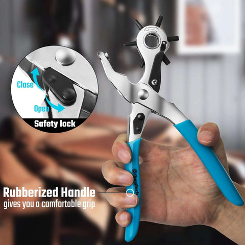 Revolving Leather Hole Punch Tool With 6 Size Covers 2mm To 4.5mm 8 Inch Workhorse Punch for Belts and Dog Collars in hand with rubberized handle