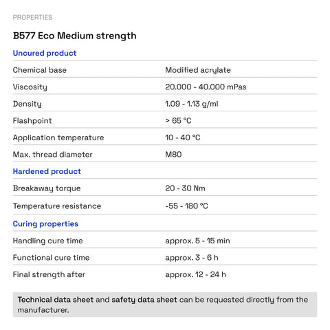 Technical properties table of B577 Eco medium-strength sealant, includes viscosity, temperature resistance, and cure times.