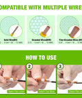 Instructions for Lever Nut Wire Connectors Kit Inline 20 Piece 2212401 Pack illustrating use with solid, stranded, and fine-stranded wires.