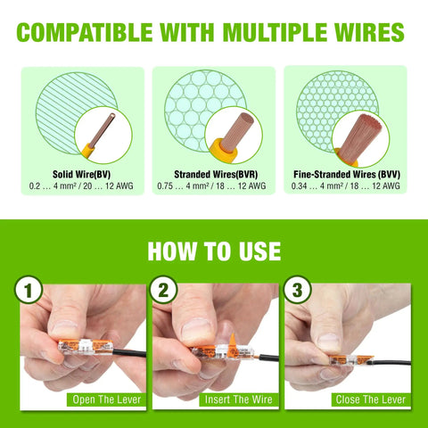 Instructions for Lever Nut Wire Connectors Kit Inline 20 Piece 2212401 Pack illustrating use with solid, stranded, and fine-stranded wires.