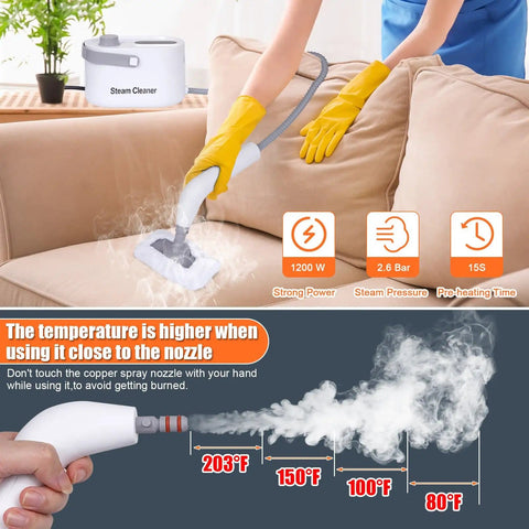 Person using 9 In 1 Handheld Steam Cleaner For Home Use Portable Steamer With High Pressure Cleaning Power Heats In 15 Seconds To 221F Two Point Six Bar Steam For Deep Grime Blast on upholstery, showing temperature guide.