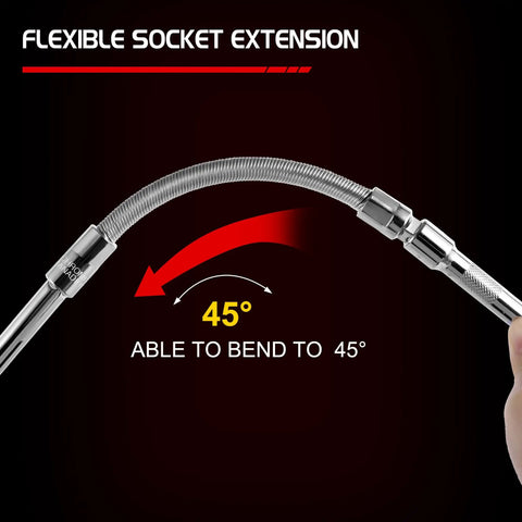 Five Piece Three Eighths Inch Drive Extension Bar Set Including Three Six And Ten Inch Extensions Universal Joint Socket Flexible Socket Extension Chrome Vanadium Construction Rust Resistant Durable And Anti Skid Grip bending 45 degrees