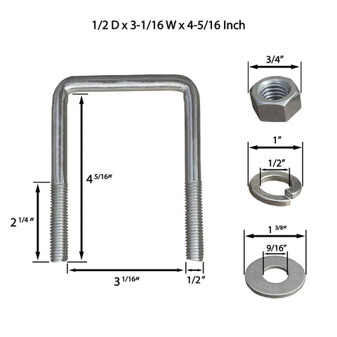 Built Tough Square U Bolts With Hardware For Boat Trailer Zinc Galvanized Steel One Half Inch Diameter Three And One Sixteenth Inch By Four And One Sixteenth Inch For Three By Three Beam Pack Of Four with dimensions and parts