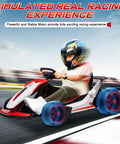 Child riding 24V Ride On Drift Kart with Dual 150W Motors, featuring EVA tires and sleek design, on racing track.