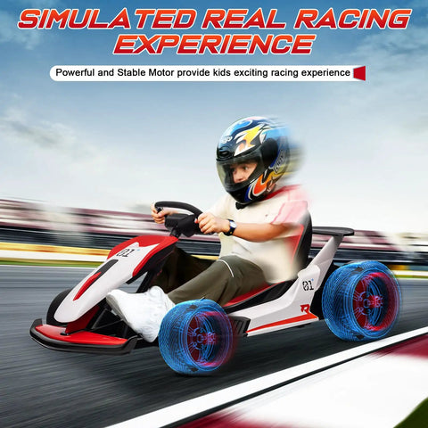 Child riding 24V Ride On Drift Kart with Dual 150W Motors, featuring EVA tires and sleek design, on racing track.