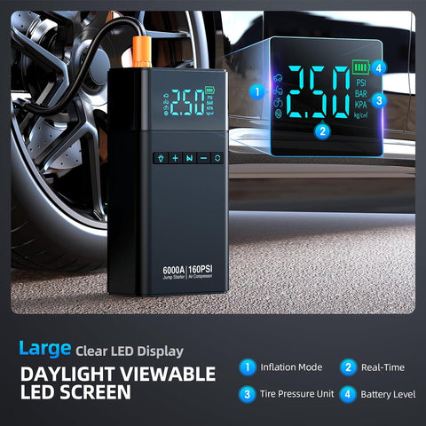 All-In-One Portable Car Jump Starter With Air Compressor, 6000A Jump Box With LED Lights, 160 PSI, shown with LED display