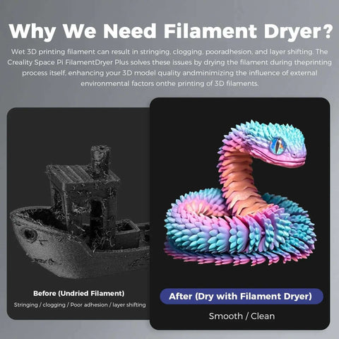 Before and after effects of Space Pi Filament Dryer Plus for 3D printers on print quality and detail.