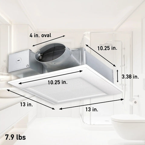 WhisperValue DC Bath Exhaust Fan dimensions with L-shaped bracket and 3.38-inch housing, ceiling installation in bathroom