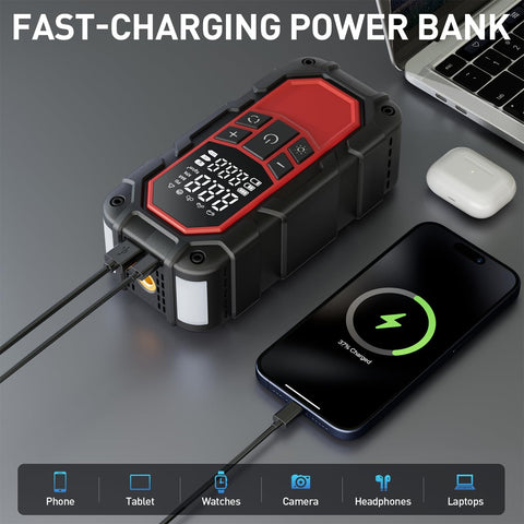 Grab-And-Go All-In-One Jump Starter With Air Compressor And Tire Inflator charging phone and laptop