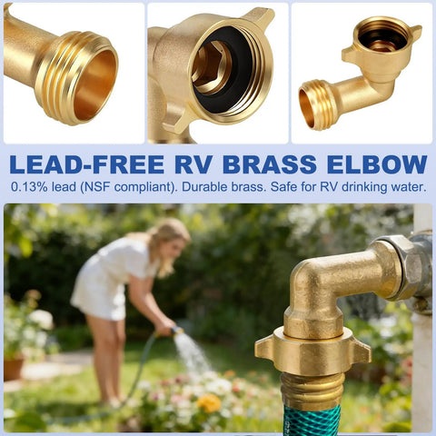 Brass 90 Degree Hose Elbow For RV And Garden Three Quarter Inch Leak Free Water Connector That Prevents Kinks And Delivers Smooth Flow No Fuss Fit For RV Inlets And Outdoor Faucets Durable Backyard Hose Fitting, 3/4 in brass swivel elbow
