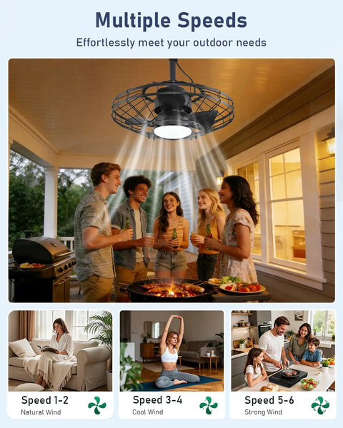 20 Inch Outdoor Ceiling Fan With Light For Patio And Gazebo, waterproof caged design, shown installed on porch ceiling