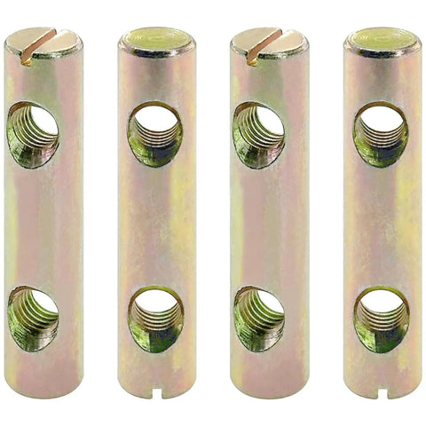 Barrel Nut Dowel Cross Dual Hole Nuts Pack Of 5 For Wood Assembly, carbon steel, colorful zinc finish, multiple sizes visible