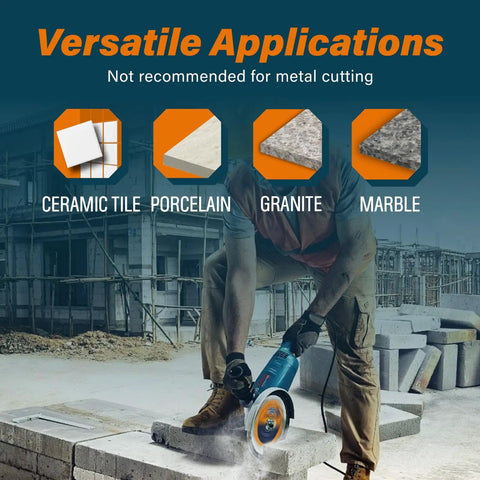 Worker using 7 Inch Ultra Thin Turbo Mesh Diamond Blade With Top Notch Cutting Power For Porcelain Ceramic Marble Granite 2 Pack For Handheld Saws And Angle Grinders Dry Or Wet Use With Seven Eighths To Five Eighths Arbor on stone block.