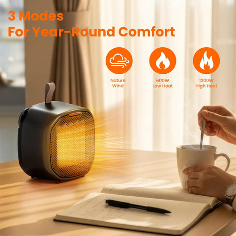 Portable Ceramic Space Heater 1200W With 3 Modes, Thermostat Adjustable, Tip-Over And Overheat Protection on desk