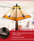 Vintage Tiffany Style Table Lamp With Geometric Mission Shade, White And Brown Stained Glass Nightstand Light For Cozy Glow