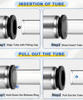 Five Pack Easy Snap 1/4 Inch Push To Connect Fittings Nickel Plated Brass Straight Pneumatic Female Adapters 1/4 NPT Threads 1/4 Inch OD Tube Quick Connect Black Air Line Fittings For Pneumatic Systems insertion and removal instructions