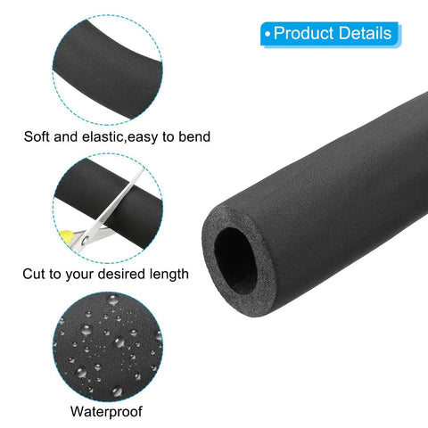 70.9 Inch Pipe Insulation Foam Tube For Water Pipes And Plumbing Heat Preservation Black Rubber And Plastic 0.8 Inch Thick Keeps Your Pipes From Sweating Fits 2 Inch ID Tubing For AC Lines Sprinklers, showing flexibility, cut to length feature, and waterproof properties.
