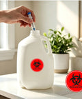 Top Notch 2 Inch Biohazard Warning Stickers With No Sweat Waterproof Coating And Ultra Conspicuous Vinyl Material For Heavy Duty Hazard Marking That Keeps Your Lab Or Workshop Legit Protected And Ready To Roll on a white jug.
