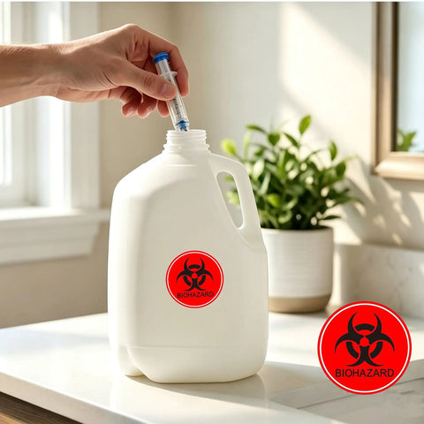 Top Notch 2 Inch Biohazard Warning Stickers With No Sweat Waterproof Coating And Ultra Conspicuous Vinyl Material For Heavy Duty Hazard Marking That Keeps Your Lab Or Workshop Legit Protected And Ready To Roll on a white jug.