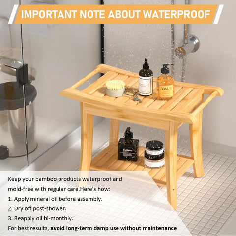 Bamboo Spa Shower Bench With Storage Shelf Non Slip Bath Stool in shower with toiletries, tileable design, waterproof for easy maintenance