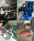 Air Compressor Pressure Switch Auto Start 90 To 125 PSI Single Port with Unloader and On Off Lever, installed on various compressors.