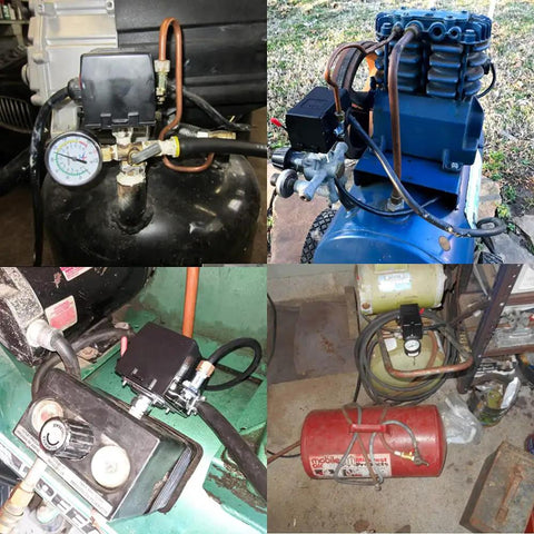 Air Compressor Pressure Switch Auto Start 90 To 125 PSI Single Port with Unloader and On Off Lever, installed on various compressors.