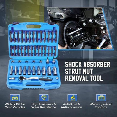 Heavy Duty 47 Piece Shock Absorber Socket Wrench Set With Pass Through Sockets And Nut Removal Tool in blue case