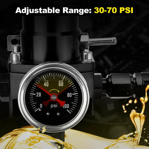Adjustable EFI Fuel Pressure Regulator Kit With Bypass Return 30 To 70 PSI Gauge close-up view