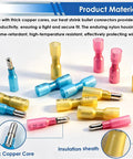 Colorful heat shrink bullet connectors with copper cores shown in Heat Shrink Bullet Connectors Kit With Crimping Tool, 110 Pcs Waterproof Female And Male Connectors 22-10 AWG For Automotive Boat Stereo And Industrial Equipment.