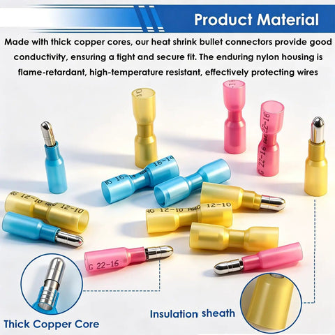 Colorful heat shrink bullet connectors with copper cores shown in Heat Shrink Bullet Connectors Kit With Crimping Tool, 110 Pcs Waterproof Female And Male Connectors 22-10 AWG For Automotive Boat Stereo And Industrial Equipment.