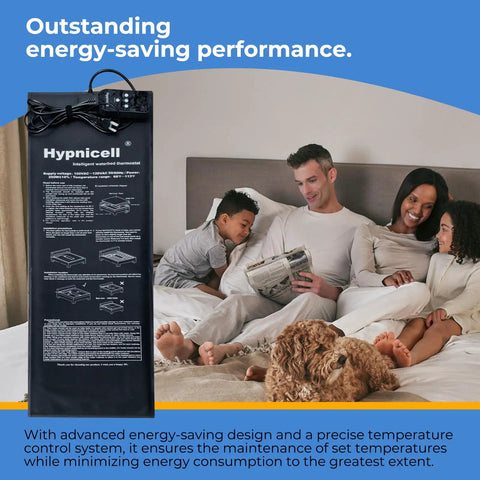 Digital Waterbed Heater With Smart Temperature Control And Adjustable Heat Settings That Deliver Dreamy Warmth and Sweet Sleep Comfort All Night Long For A Super Solid And Big Time Upgrade on bedroom floor with family and dog.