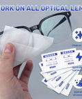 Person cleaning glasses with Pre Moistened Lens Wipes For Glasses And Screens 220 Individually Wrapped Eyewear Cleaners That Safely Remove Fingerprints Grease And Makeup