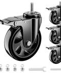 Four Inch Stem Caster Wheels Heavy Duty Threaded Stem Casters UNC 3/8-16 X 1 Swivel Casters Set Of Four With Dual Locking Brakes