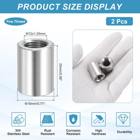 Beefy M12x1.25mm Stainless Steel Round Coupling Nuts 304, Set Of 2, 25mm Length, Fine Thread Female Nuts For Rods And Bars, Connector Sleeve, Fully Threaded Nut Fasteners, Rust Resistant Silver Tone, shown with 25mm and 18mm dimensions