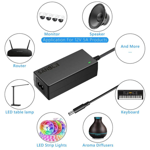 12V 5A Power Supply Adapter 120V AC To DC 12V 60W With 5.5x2.1mm Jack with icons showing compatible devices like speakers and LEDs