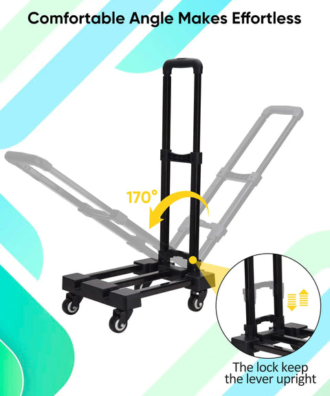 Heavy Duty Folding Hand Truck With Four Smooth Rollin Casters And Bungee Straps, Portable Luggage Cart Holds Two Hundred Pounds, Flips Flat For Tight Trunk Fits And Makes Back Savin Hauls A Total Cinch In Black