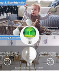 Child holding Vanity LED Globe Light Bulbs For Bathroom, G25 Round Vanity Mirror Bulbs, eco-friendly features displayed.