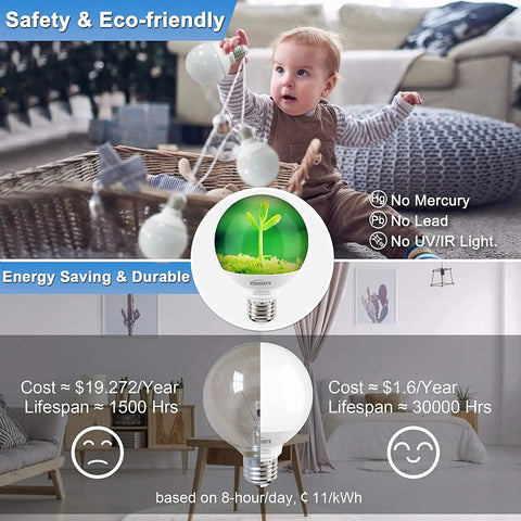 Child holding Vanity LED Globe Light Bulbs For Bathroom, G25 Round Vanity Mirror Bulbs, eco-friendly features displayed.
