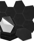 12 Pack Hexagon Acoustic Foam Panels Self Adhesive Sound Proof Wall Tiles High Density Noise Reducing Decor For Gaming Rooms Studios And Home Theaters Kill The Reverb And Get Your Game On, showing black foam tiles with peel-off adhesive.