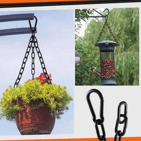 Tough As Nails Stainless Steel Gate Chain Locks 6 Pack Adjustable Link Chains With Both Ended Carabiners Solid Livestock Fence And Pet Cage No Fuss Yard Setup Black hanging plants and bird feeder using durable chains.