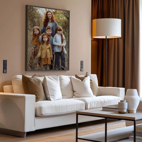 Family portrait on living room wall featuring Totally Dope Customizable Wall Art Posters For Home Office Events And Businesses.