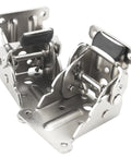 Heavy duty folding table leg brackets in silver finish for DIY projects.